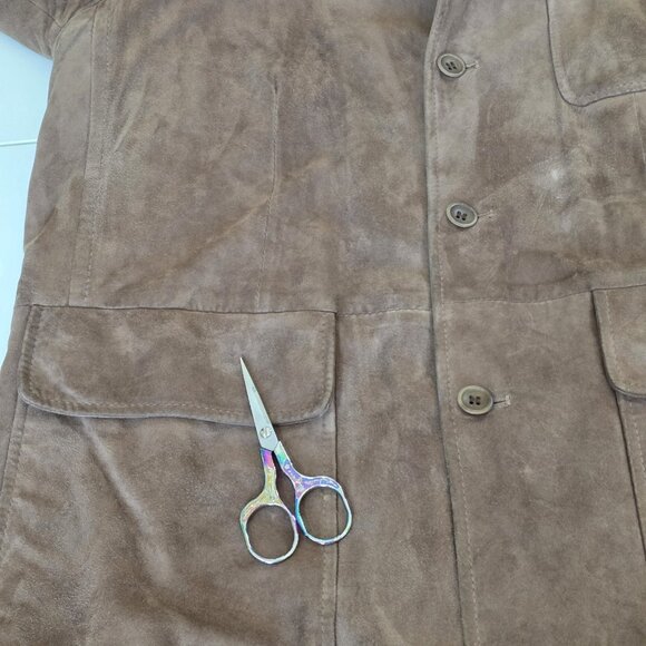 Faconnable Goatskin Suede Jacket Mens L Brown Buttons Pockets Lined 90s Preppy - Picture 10 of 16